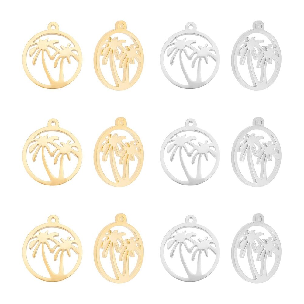 6698 12pcs 2 Colors Ring with Coconut Tree Pendants Hawaii Tropical Plant
